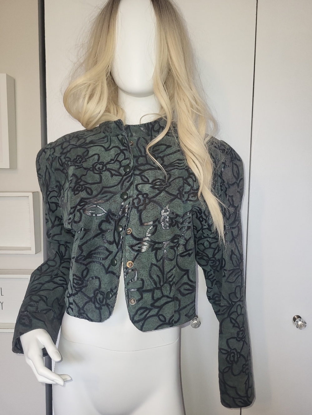 Gordon Battah Vintage Cropped Green Suede Jacket with Floral Jacquard
